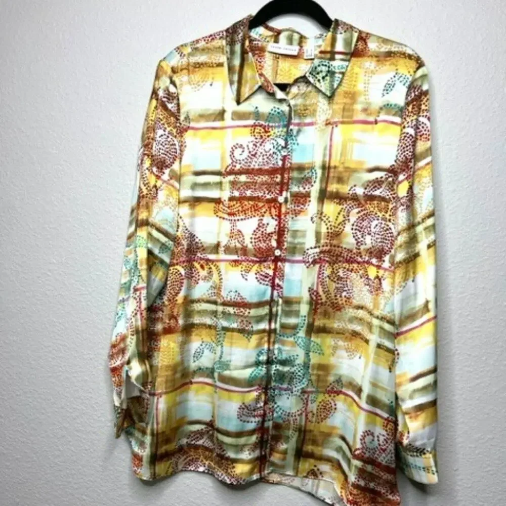 Susan Graver Luxe Print Tunic L Silky Button Front Top - Picture 2 of 9